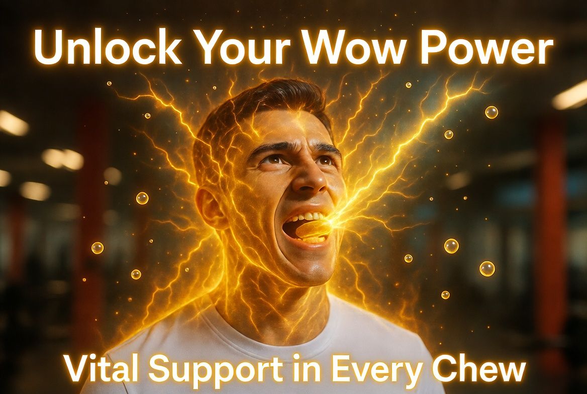 Athlete in a gym chewing Wow Power gum as golden lightning bursts around his face, with the words Unlock Your Wow Power and Vital Support in Every Chew