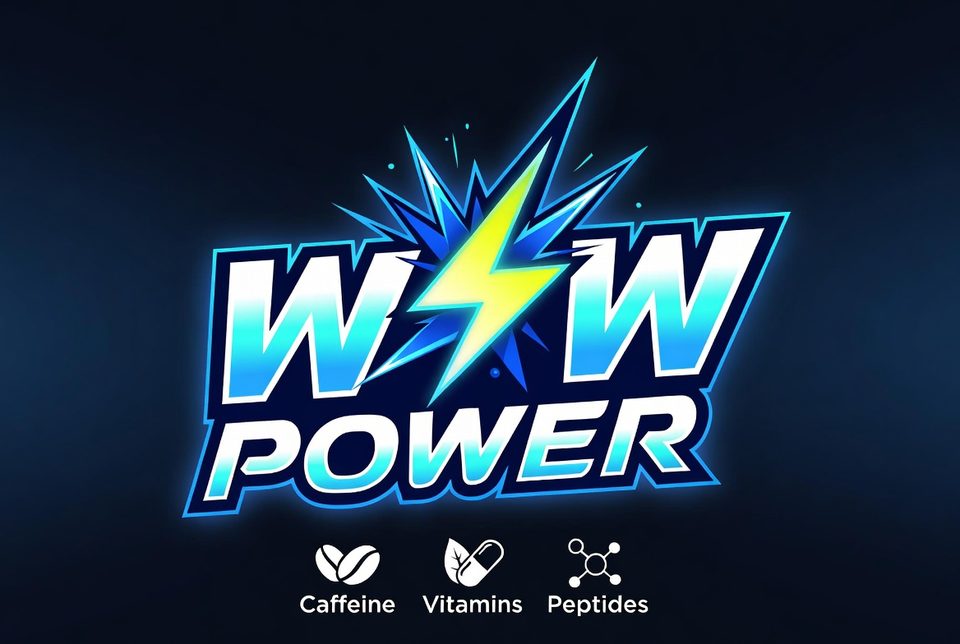 Wow Power logo: the word WOW with a neon lightning bolt in place of the O, above the word POWER, with Caffeine, Vitamins and Peptides icons